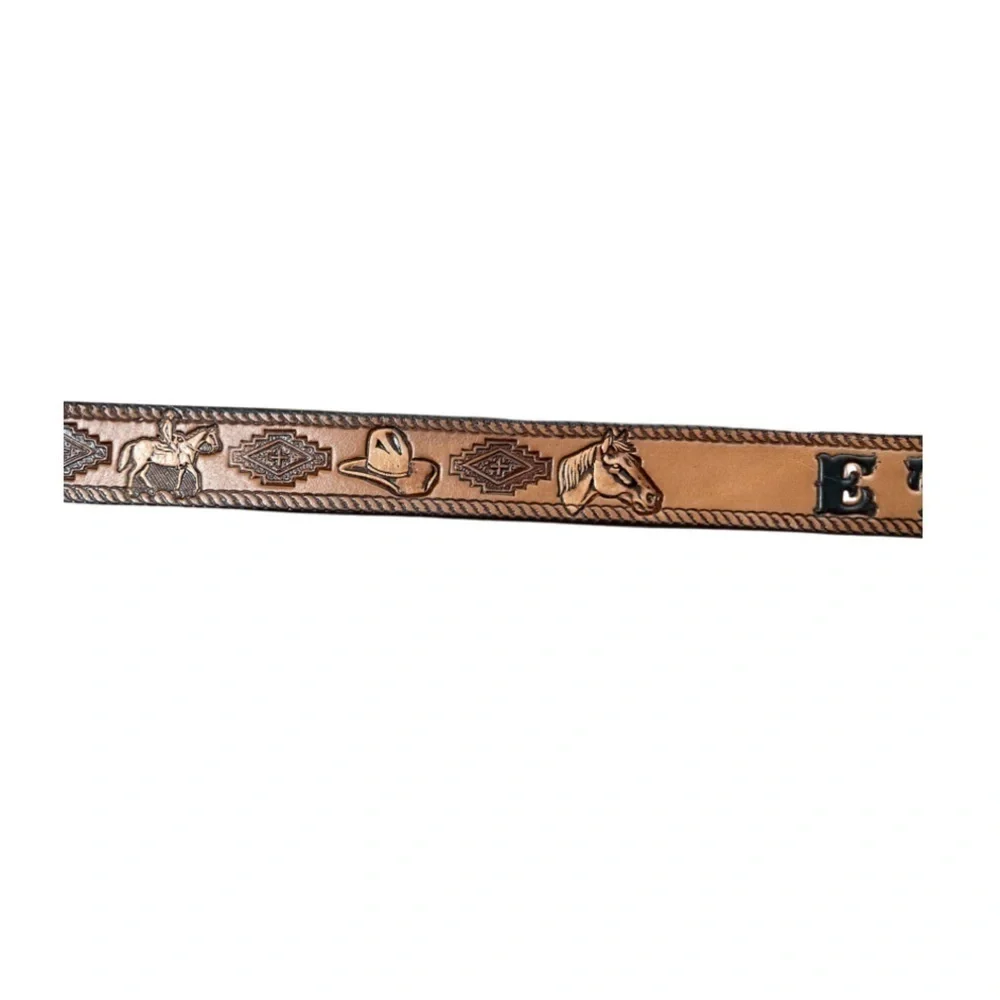 LONGHORN Leather & Buckle Ethan Tooled Belt Brown w/Silver Buckle Youth Size 28.
